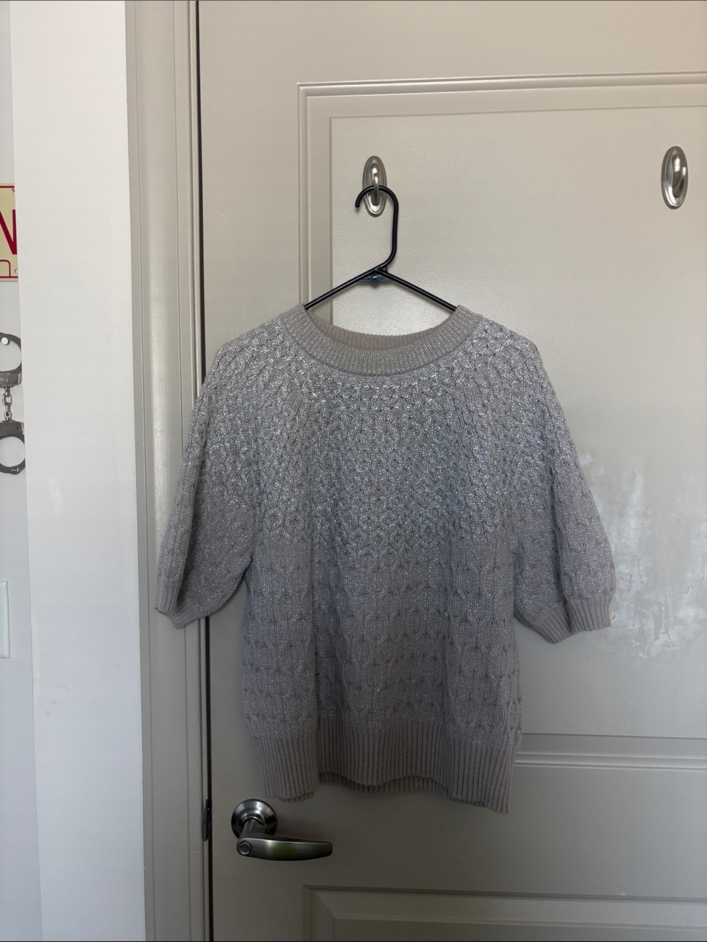 Ann Taylor Light Gray Textured Crewneck Sweater silver sparkle